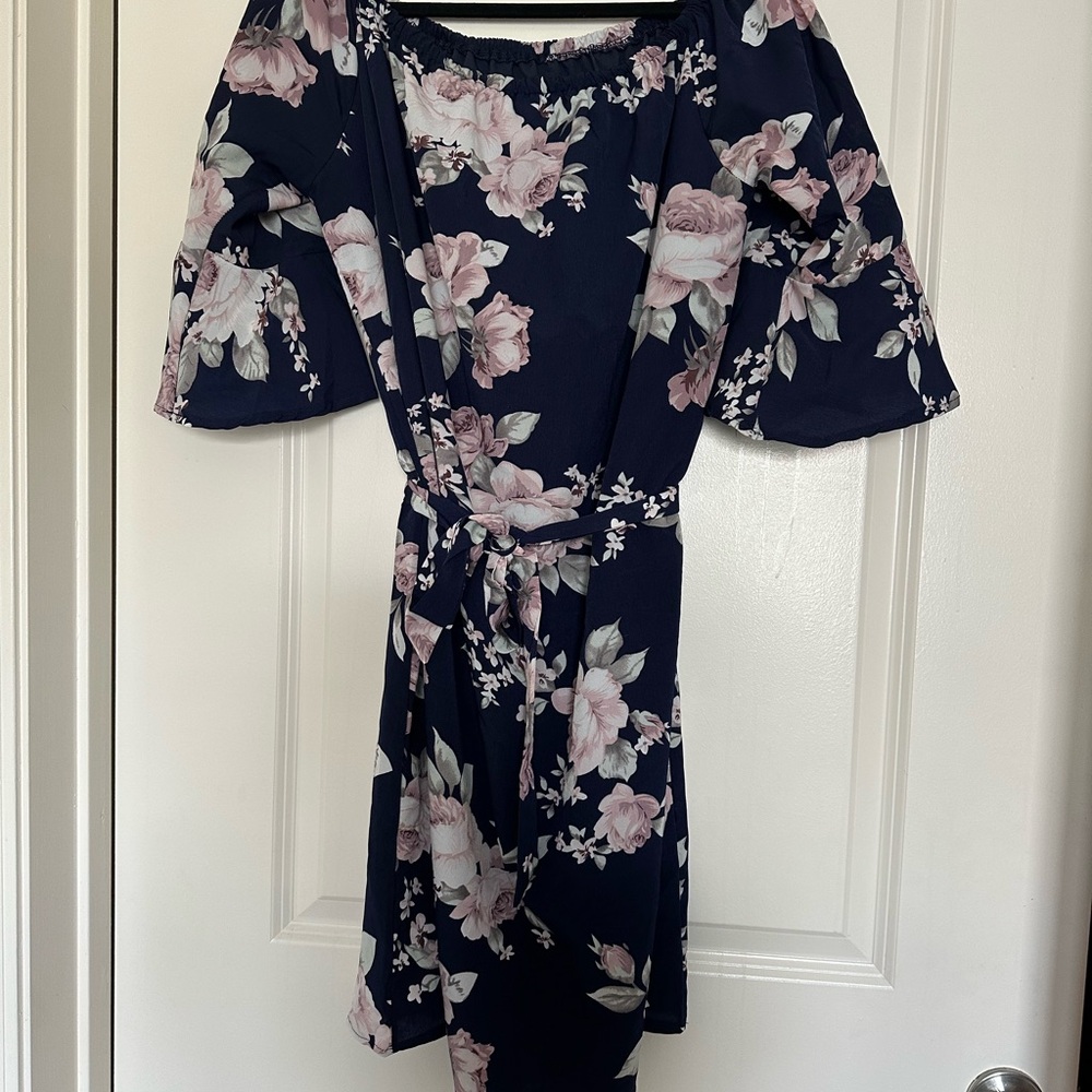 Blue Mini Sundress with Bell Sleeves and Crew Neck
